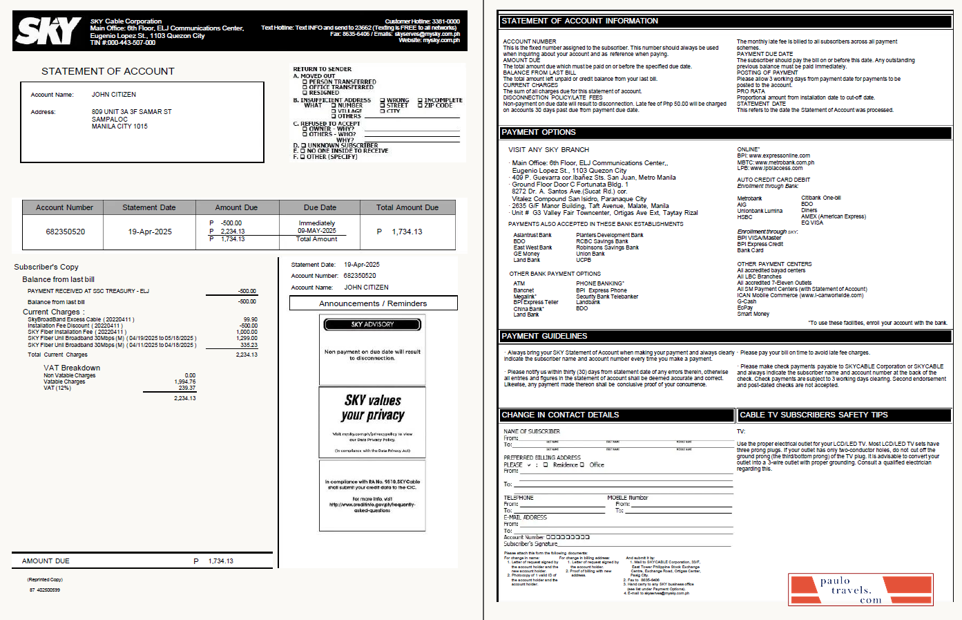 Philippines Sky Cable Corporation utility bill template in Word and PDF formats, 2 pages, version 2